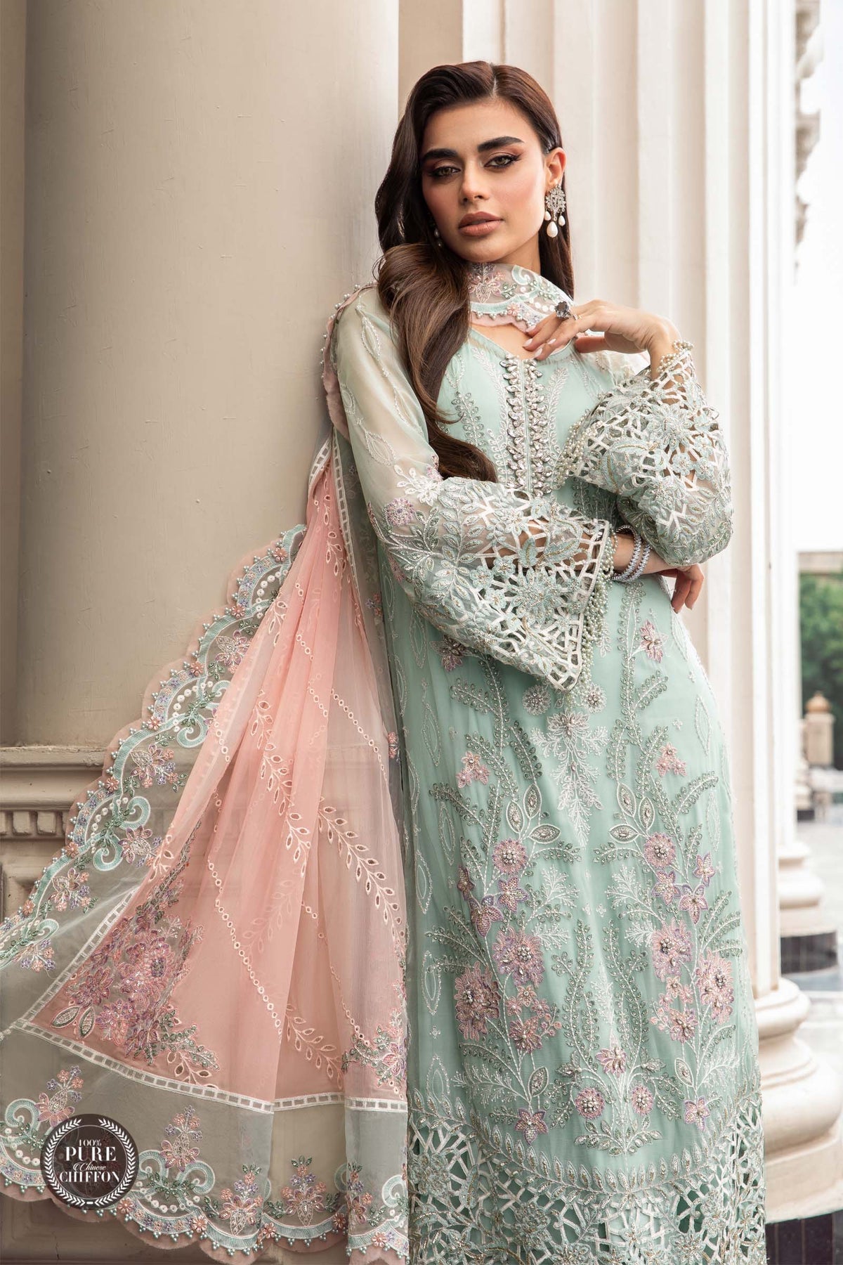 Buy Now - D#04 - Mint Green  - Pure Silk Chiffons 2023 - Shahana Collection UK - Wedding and Bridal Party Dresses - Maria.b - Shahana UK - Gulf fashion 