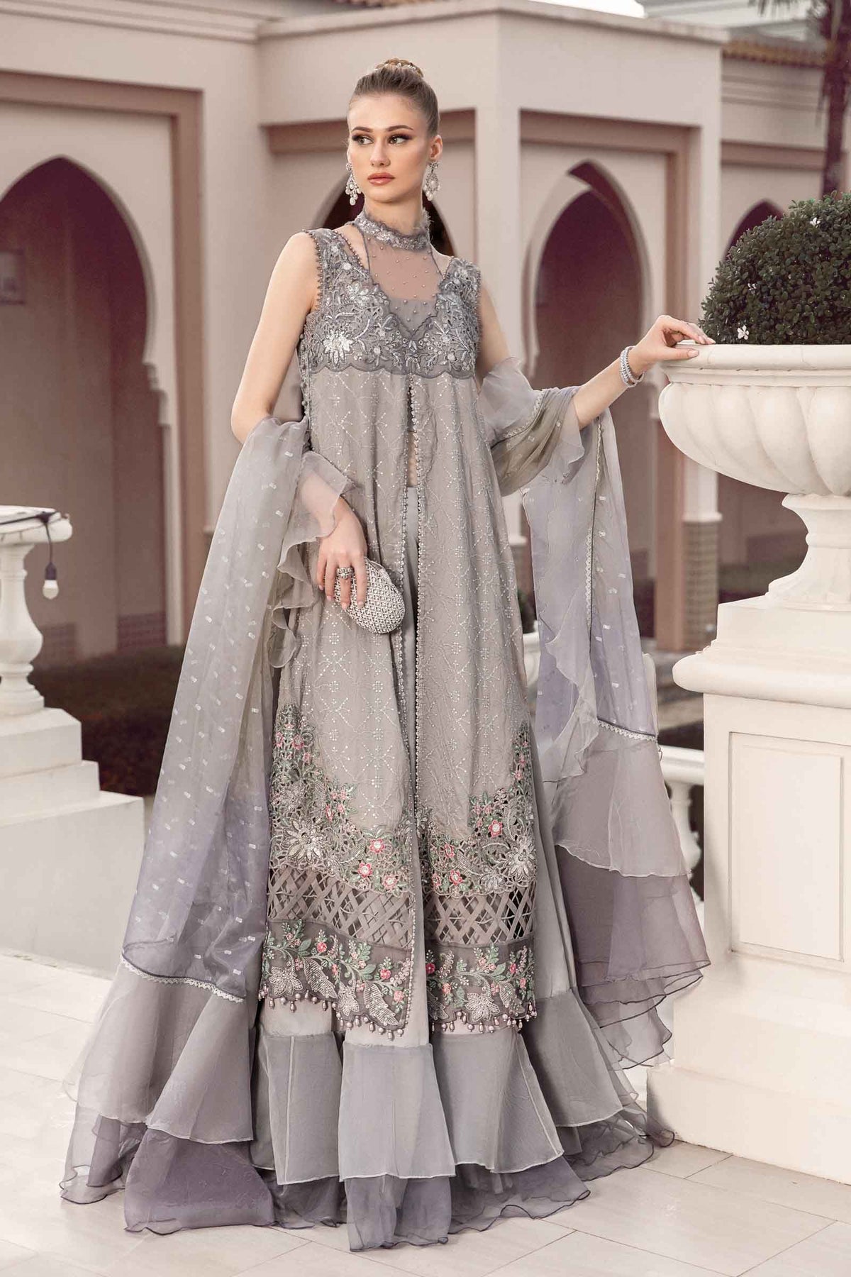 Buy Now, D#11 - Grey - Maria. B Sateen 2023 - Wedding and Bridal Party Dresses -  Pakistani Festive wear - Maria. B in UK - Fall Collection'23