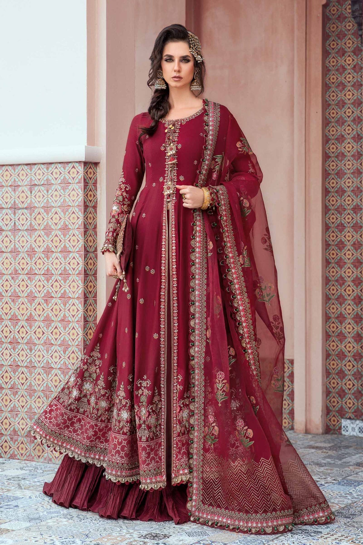 Buy Now, D#8 - Maroon - Maria. B Sateen 2023 - Wedding and Bridal Party Dresses -  Pakistani Festive wear - Maria. B in UK - Fall Collection'23