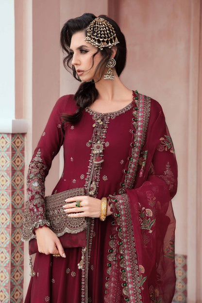 Buy Now, D#8 - Maroon - Maria. B Sateen 2023 - Wedding and Bridal Party Dresses -  Pakistani Festive wear - Maria. B in UK - Fall Collection'23