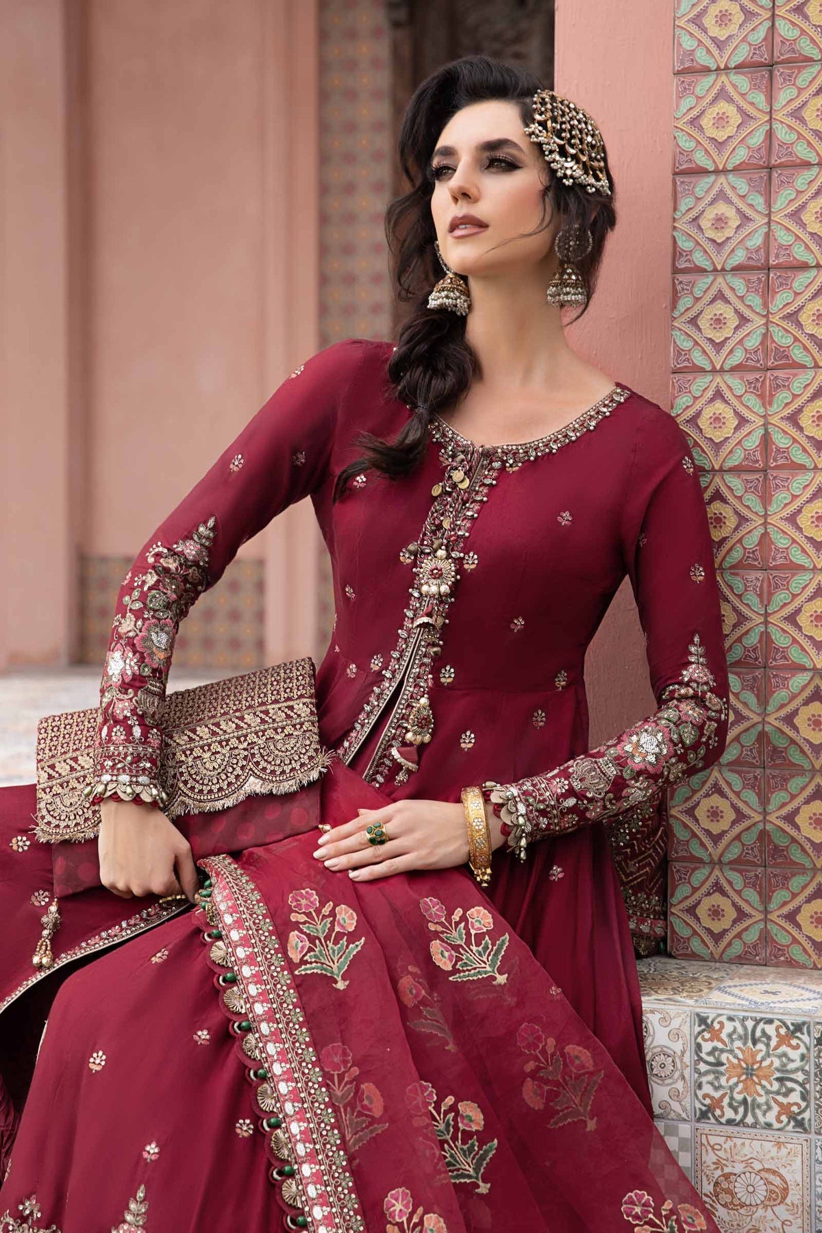 Buy Now, D#8 - Maroon - Maria. B Sateen 2023 - Wedding and Bridal Party Dresses -  Pakistani Festive wear - Maria. B in UK - Fall Collection'23