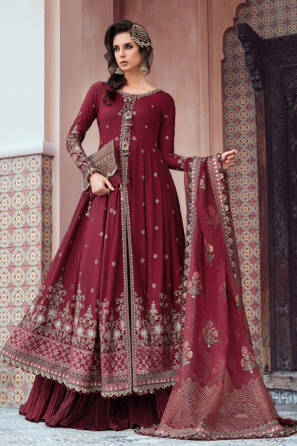 Buy Now, D#8 - Maroon - Maria. B Sateen 2023 - Wedding and Bridal Party Dresses -  Pakistani Festive wear - Maria. B in UK - Fall Collection'23