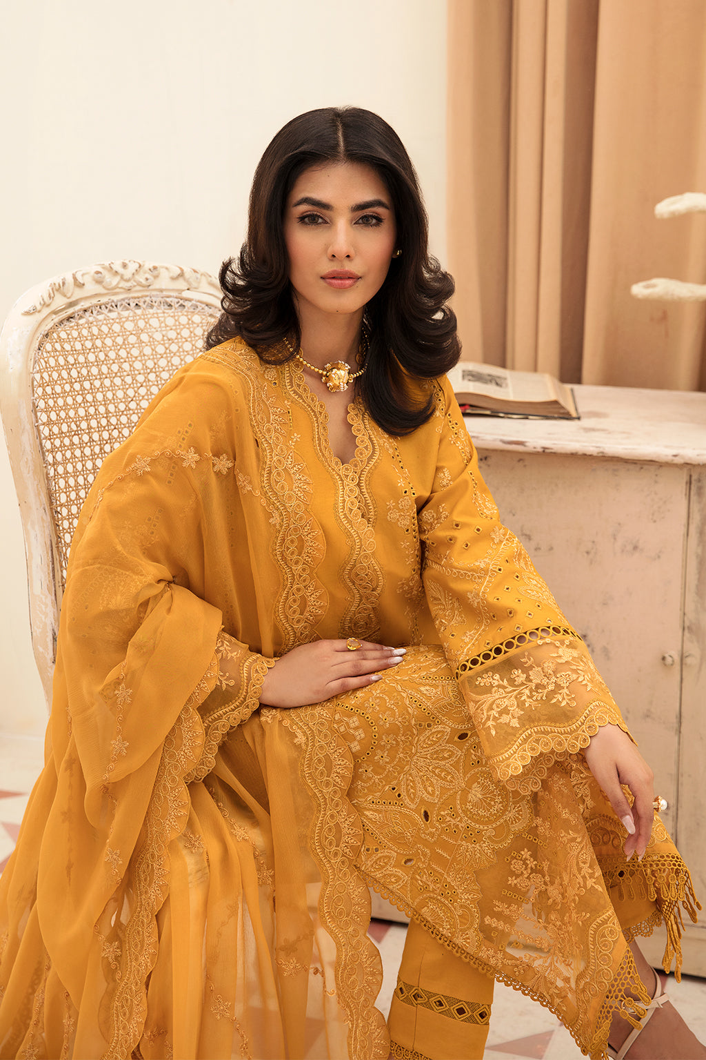 Shop Now, GOLDEN ROD - Festive Chikankari Collection 2023 - Afrozeh - Shahana Collection UK - Wedding and Bridal Party Dresses - Edi Festive 2023